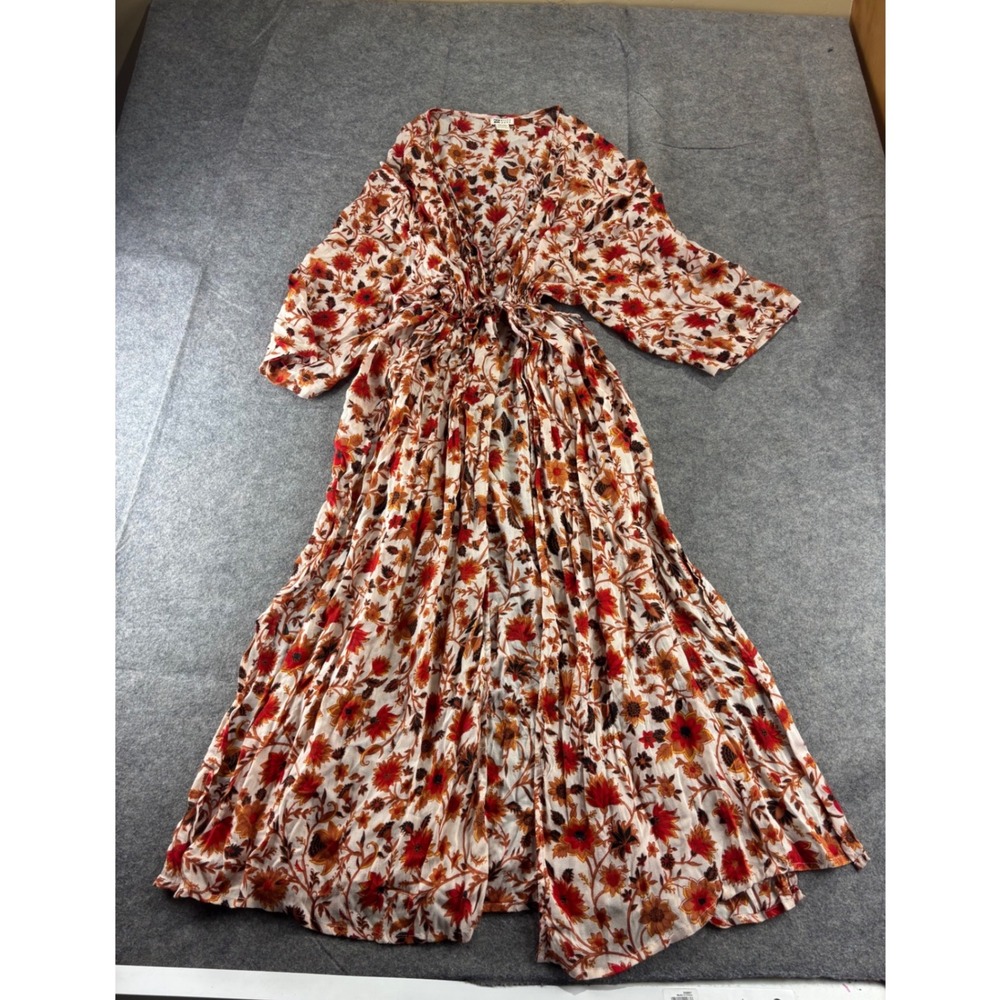 Billabong Floral Orange Red Boho Maxi Kimono Sleeve Drawstring S/M